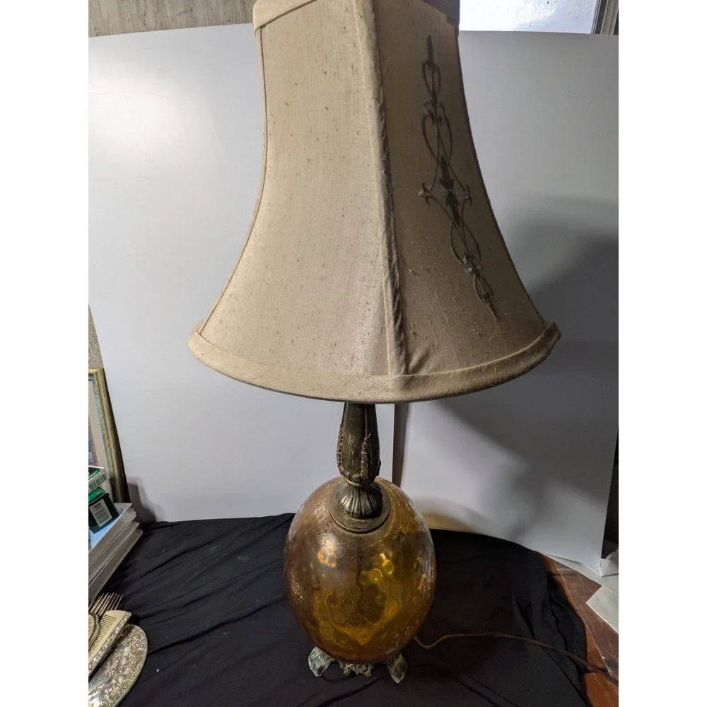 Vintage Mid Century Amber Crackle Glass Globe Table Lamp Brass Base Retro...